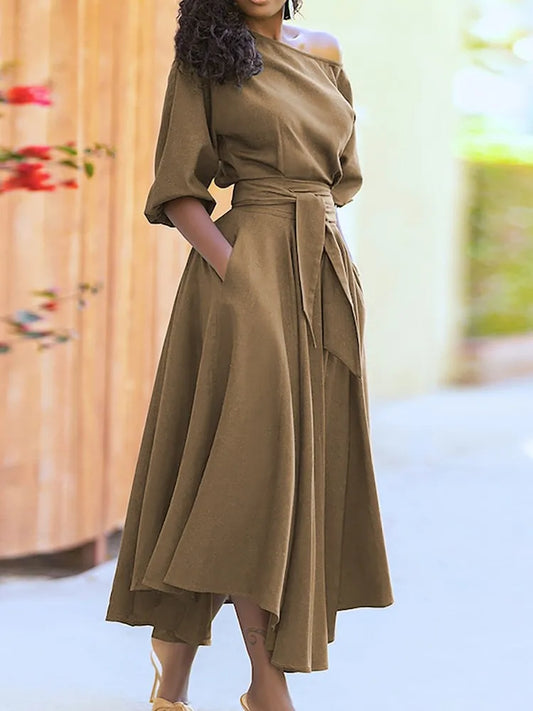 Robe ample trois quarts pour femmes, élégante, couleur unie, col diagonale, taille haute, à lacets, vêtements de bureau