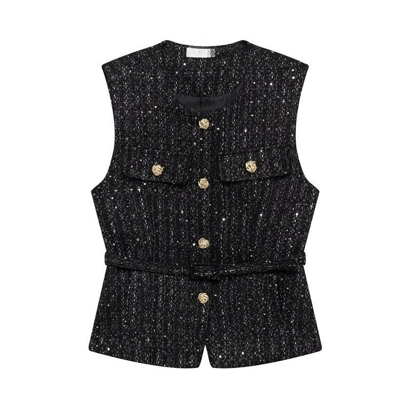 Gilet bleu à paillettes pour femmes, nouvelle mode avec ceinture, manteau sans manches, Streetwear Chic, automne 2025