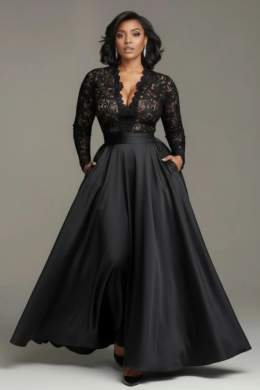 Robe de cocktail sexy à col en V, grande taille, pour femmes, poches, manches longues, élégante, dentelle satinée, patchwork, robe de soirée pour invités de mariage