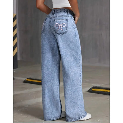 Jean à jambes larges en Denim, taille haute, avec nœud brodé, poches, jambes larges, pantalon à la mode pour femmes, Style décontracté