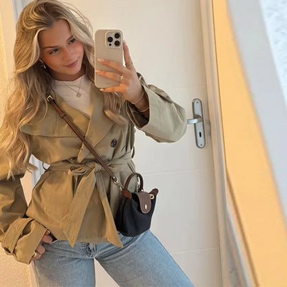 Trench-coat à col montant pour femme, veste à manches longues avec ceinture et Double boutonnage, à la mode, Chic, vêtements d'extérieur, automne 2025