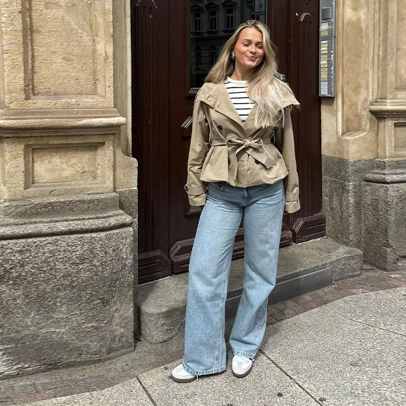 Trench-coat à col montant pour femme, veste à manches longues avec ceinture et Double boutonnage, à la mode, Chic, vêtements d'extérieur, automne 2025