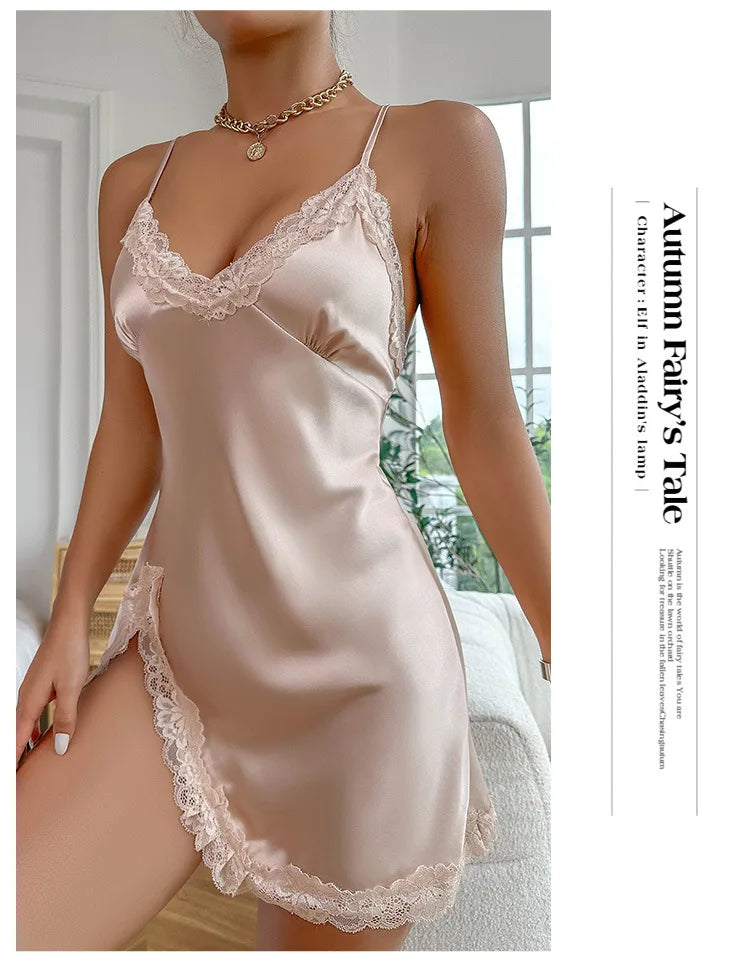 Chemise de nuit dos nu à col en V pour femmes, jupe courte à bretelles, décoration en dentelle, robe de simulation d'été, document solide, mode