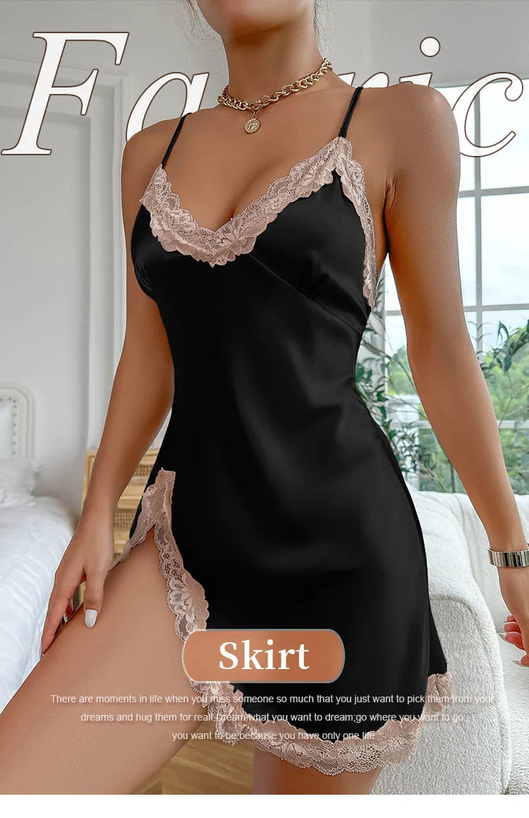 Chemise de nuit dos nu à col en V pour femmes, jupe courte à bretelles, décoration en dentelle, robe de simulation d'été, document solide, mode