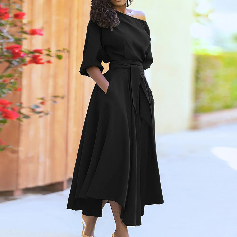 Robe ample trois quarts pour femmes, élégante, couleur unie, col diagonale, taille haute, à lacets, vêtements de bureau