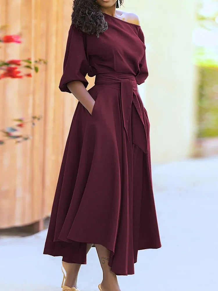 Robe ample trois quarts pour femmes, élégante, couleur unie, col diagonale, taille haute, à lacets, vêtements de bureau