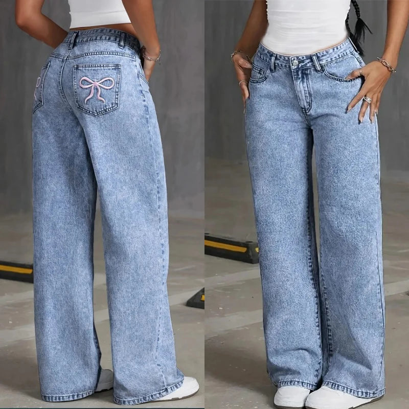 Jean à jambes larges en Denim, taille haute, avec nœud brodé, poches, jambes larges, pantalon à la mode pour femmes, Style décontracté