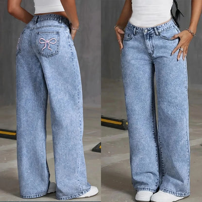 Jean à jambes larges en Denim, taille haute, avec nœud brodé, poches, jambes larges, pantalon à la mode pour femmes, Style décontracté