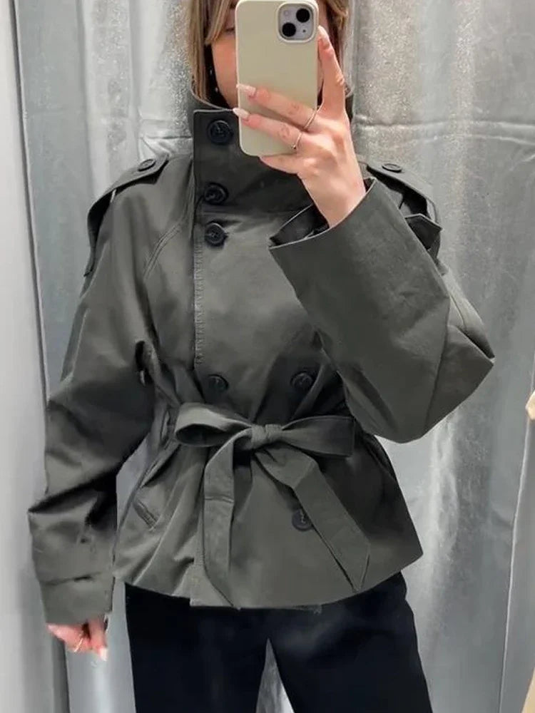 Trench-coat à col montant pour femme, veste à manches longues avec ceinture et Double boutonnage, à la mode, Chic, vêtements d'extérieur, automne 2025