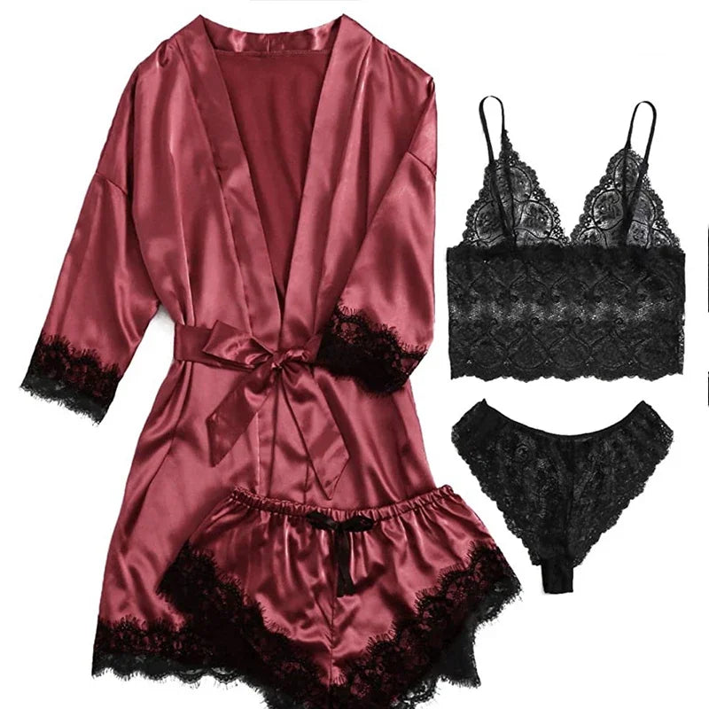 Pyjama Sexy pour femmes, chemises de nuit, Lingerie, short, 4 pièces, Camisole en dentelle, ensemble pyjama, Robe de maison, vêtements de loisirs