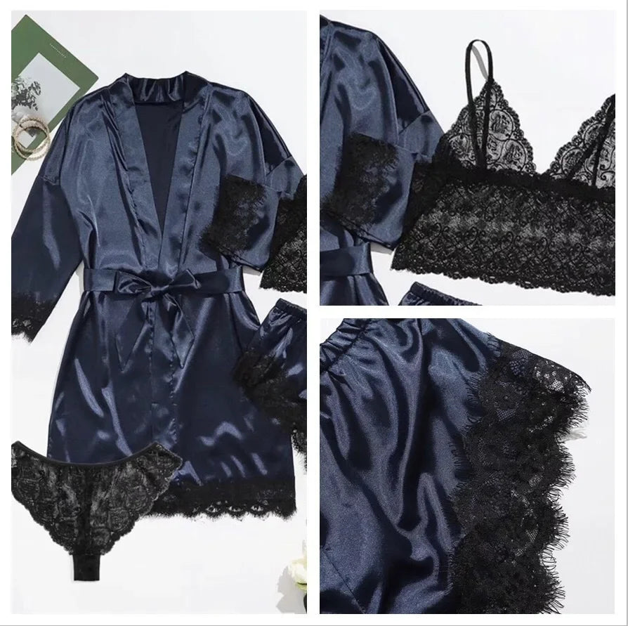 Pyjama Sexy pour femmes, chemises de nuit, Lingerie, short, 4 pièces, Camisole en dentelle, ensemble pyjama, Robe de maison, vêtements de loisirs