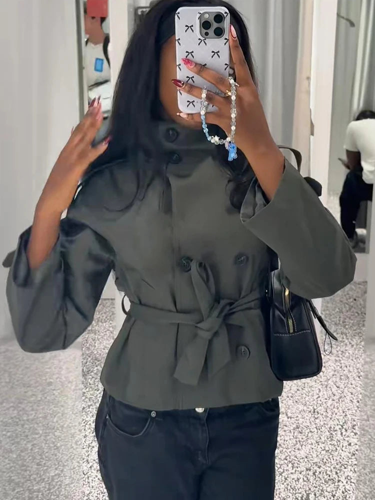 Trench-coat à col montant pour femme, veste à manches longues avec ceinture et Double boutonnage, à la mode, Chic, vêtements d'extérieur, automne 2025