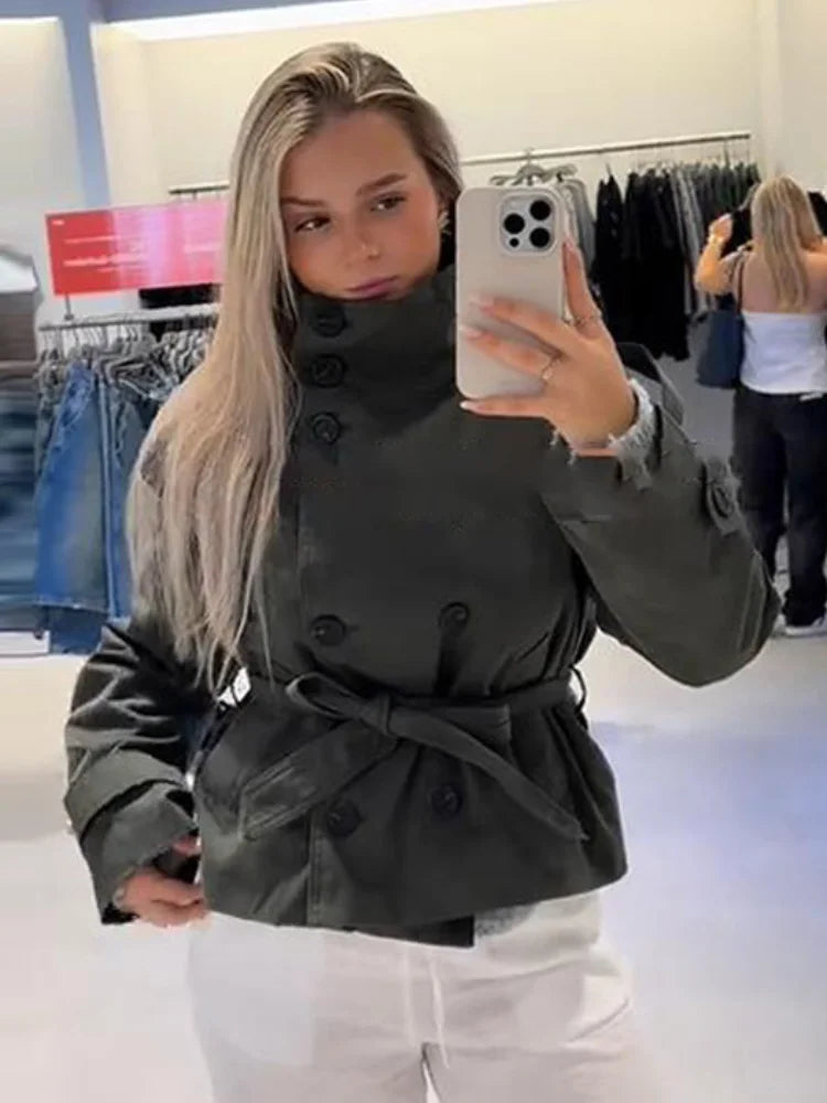 Trench-coat à col montant pour femme, veste à manches longues avec ceinture et Double boutonnage, à la mode, Chic, vêtements d'extérieur, automne 2025