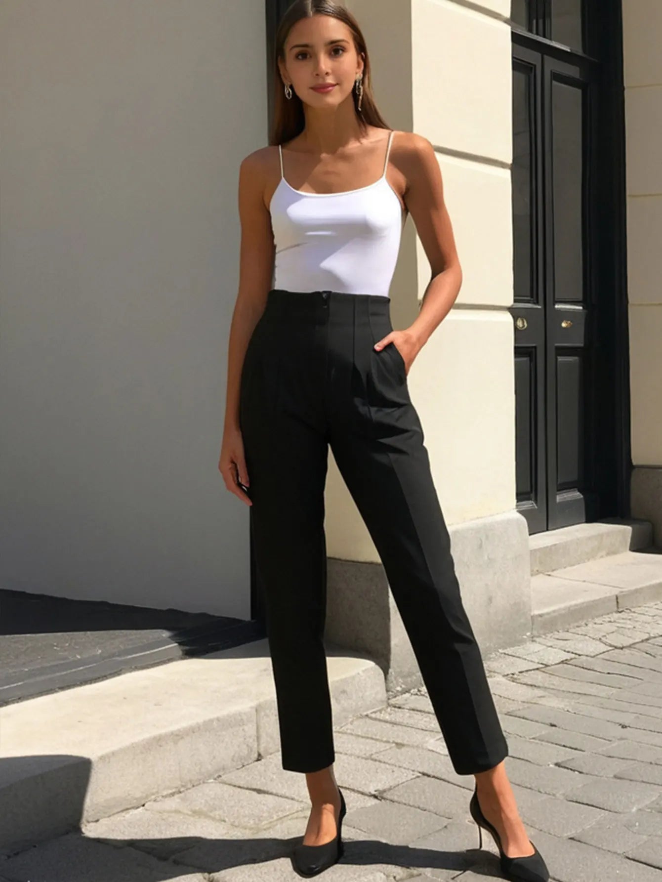 HH 2025 femmes couleur unie bureau coupe ajustée crayon pantalon taille haute fermeture éclair mouche femmes trajet poche garniture pantalon Streetwear