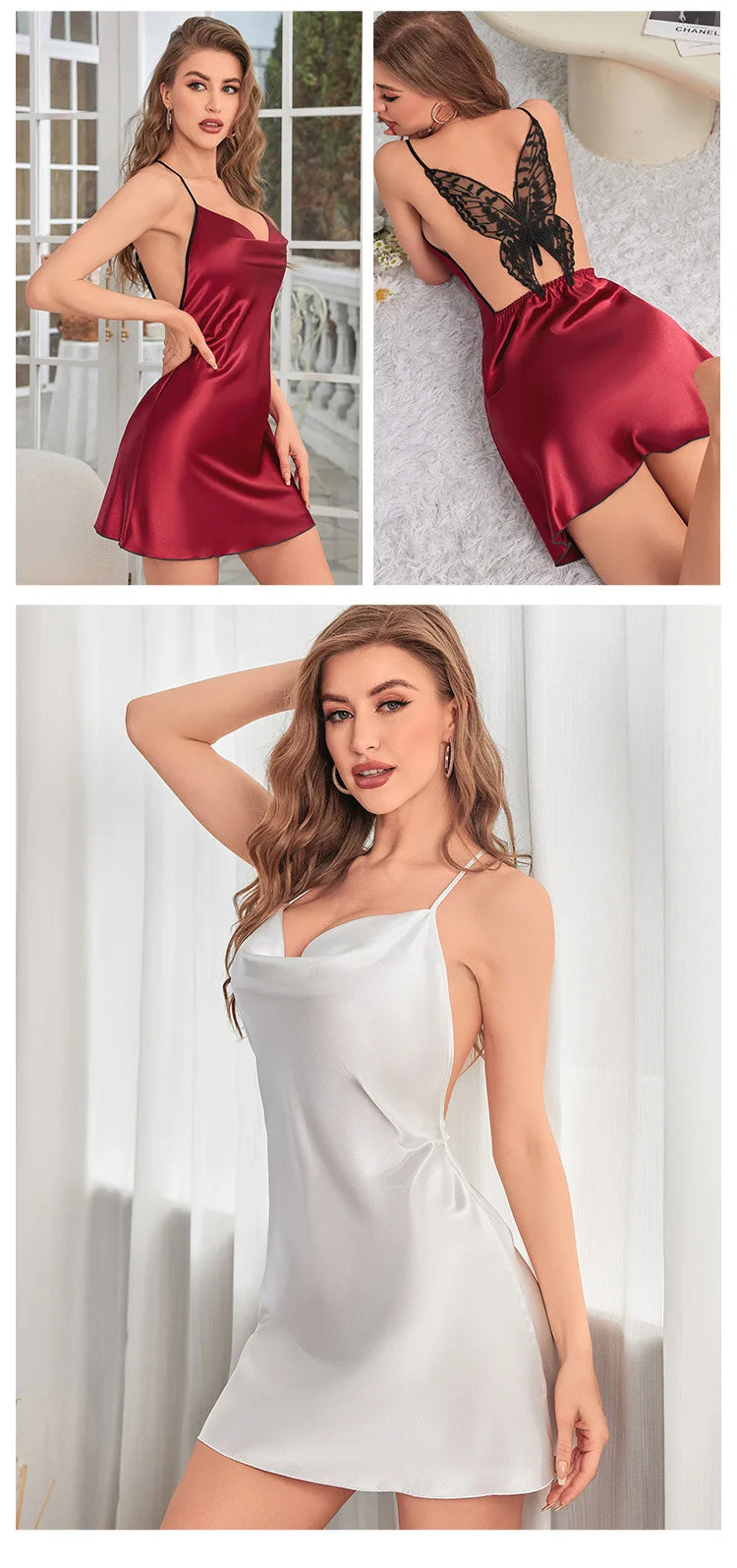 Chemise de nuit dos nu à col en V pour femmes, jupe à bretelles croisées pour la maison, décoration de papillon, robe de simulation, document solide, mode