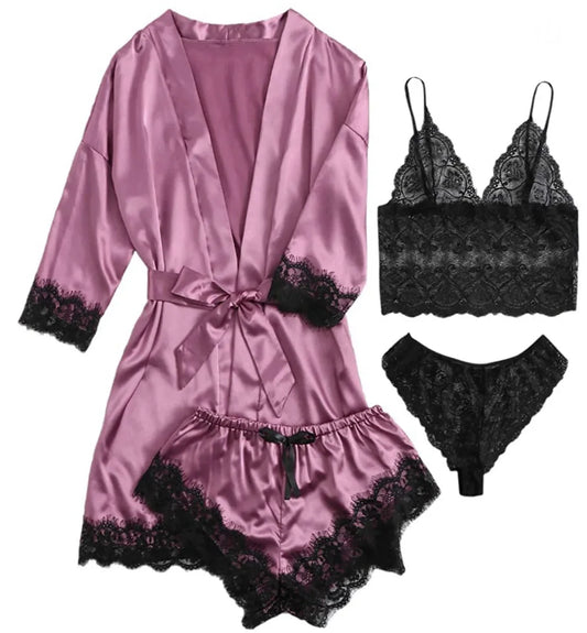 Pyjama Sexy pour femmes, chemises de nuit, Lingerie, short, 4 pièces, Camisole en dentelle, ensemble pyjama, Robe de maison, vêtements de loisirs