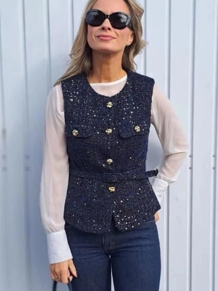 Gilet bleu à paillettes pour femmes, nouvelle mode avec ceinture, manteau sans manches, Streetwear Chic, automne 2025