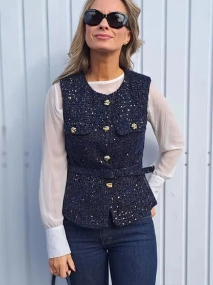 Gilet bleu à paillettes pour femmes, nouvelle mode avec ceinture, manteau sans manches, Streetwear Chic, automne 2025