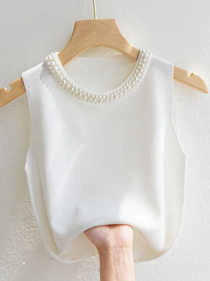 Corée tricoté gilets femmes haut solide réservoir Blusas Mujer De Moda été nouvelle mode femme sans manches perles décontracté mince hauts