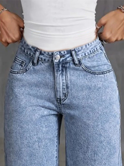 Jean à jambes larges en Denim, taille haute, avec nœud brodé, poches, jambes larges, pantalon à la mode pour femmes, Style décontracté