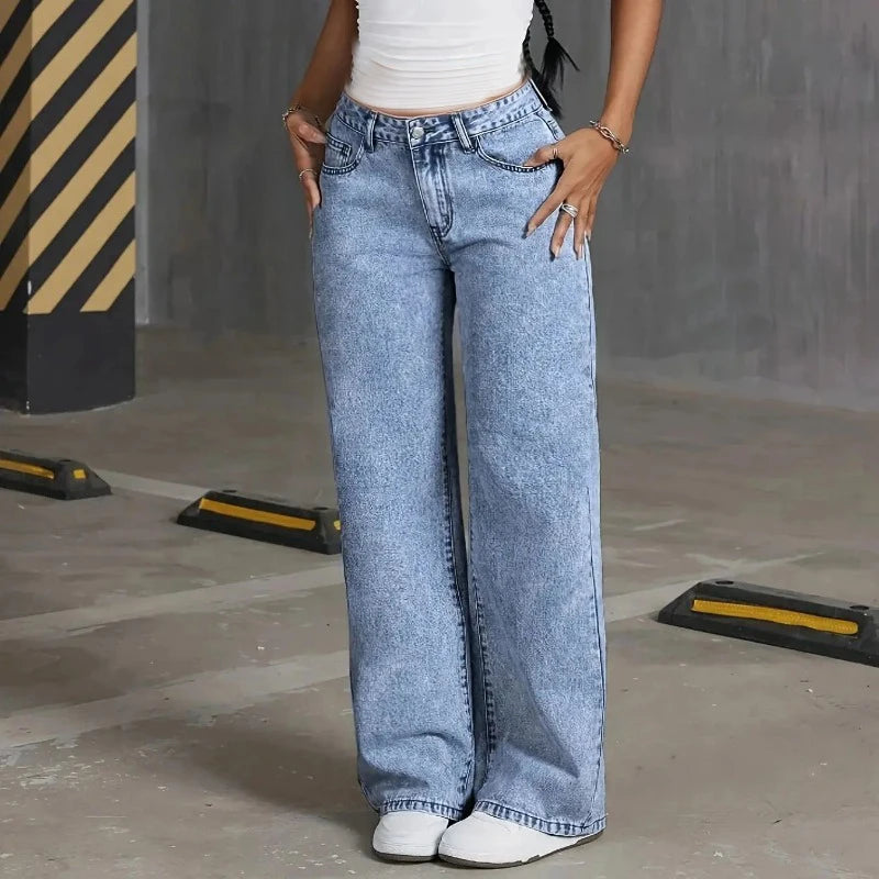 Jean à jambes larges en Denim, taille haute, avec nœud brodé, poches, jambes larges, pantalon à la mode pour femmes, Style décontracté