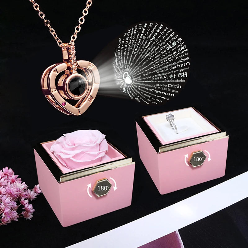 Collier de projection « Je t’aime » en 100 Langues – Coffret Rose Rotatif de Luxe