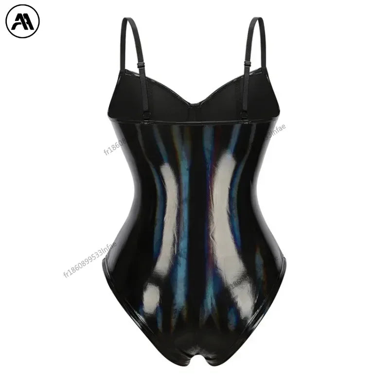 Nouveau body noir en cuir PU à fines bretelles avec bonnets à armatures, maillot de bain amincissant à porter, conception de figurine Sexy