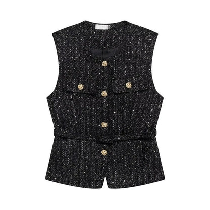 Gilet bleu à paillettes pour femmes, nouvelle mode avec ceinture, manteau sans manches, Streetwear Chic, automne 2025