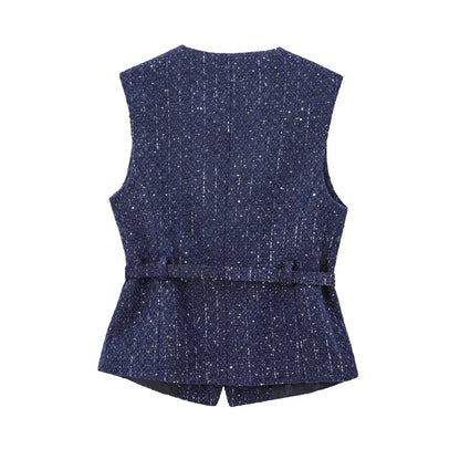 Gilet bleu à paillettes pour femmes, nouvelle mode avec ceinture, manteau sans manches, Streetwear Chic, automne 2025