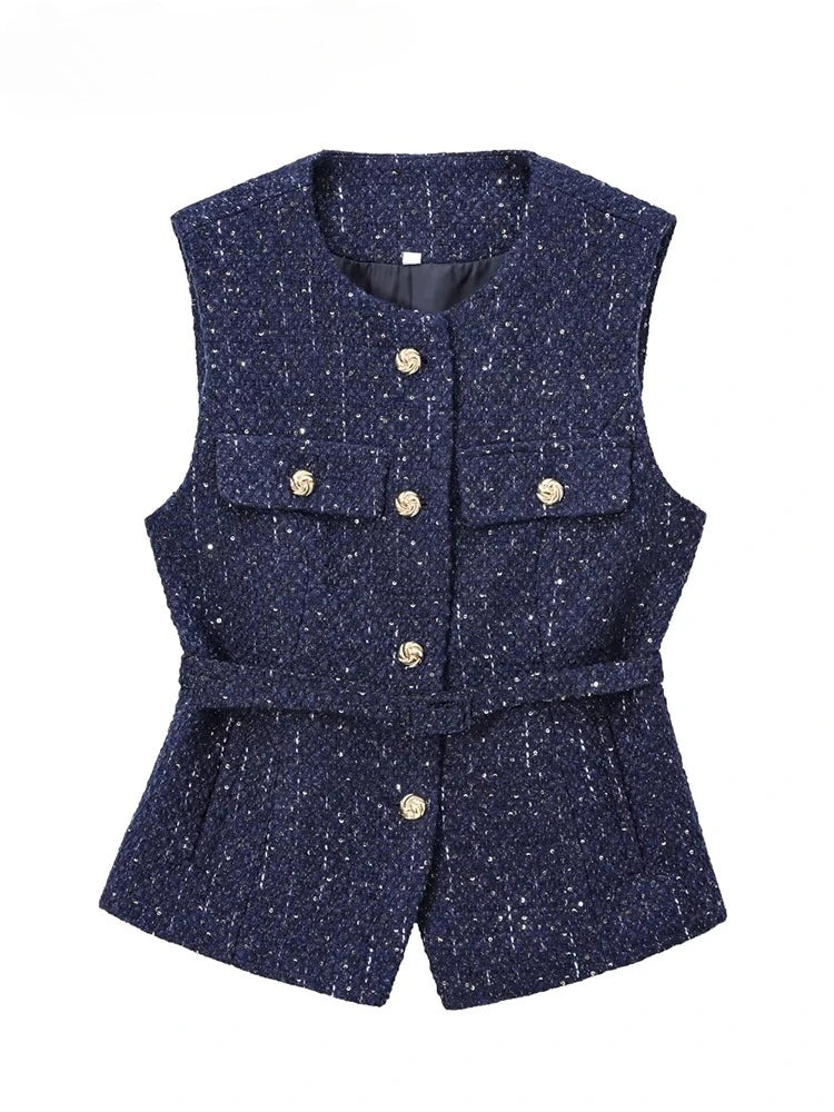 Gilet bleu à paillettes pour femmes, nouvelle mode avec ceinture, manteau sans manches, Streetwear Chic, automne 2025