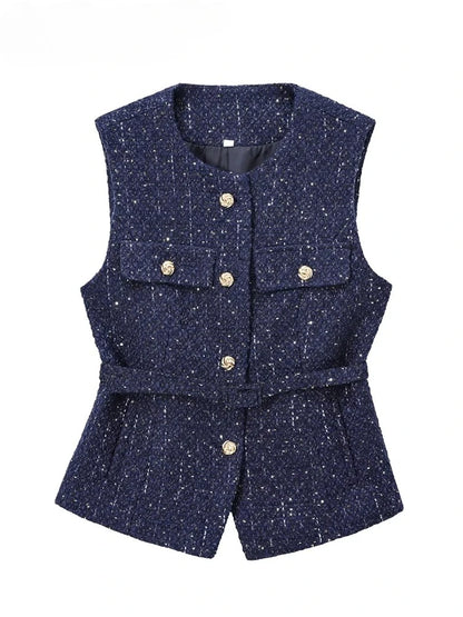 Gilet bleu à paillettes pour femmes, nouvelle mode avec ceinture, manteau sans manches, Streetwear Chic, automne 2025