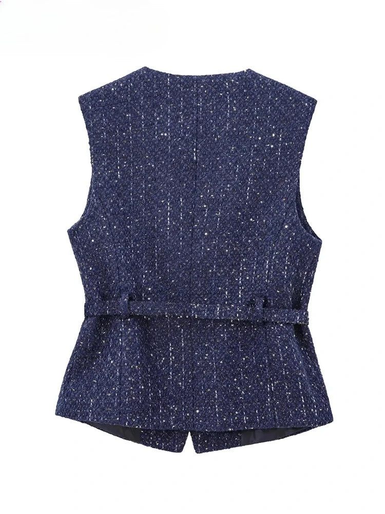 Gilet bleu à paillettes pour femmes, nouvelle mode avec ceinture, manteau sans manches, Streetwear Chic, automne 2025