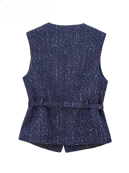 Gilet bleu à paillettes pour femmes, nouvelle mode avec ceinture, manteau sans manches, Streetwear Chic, automne 2025