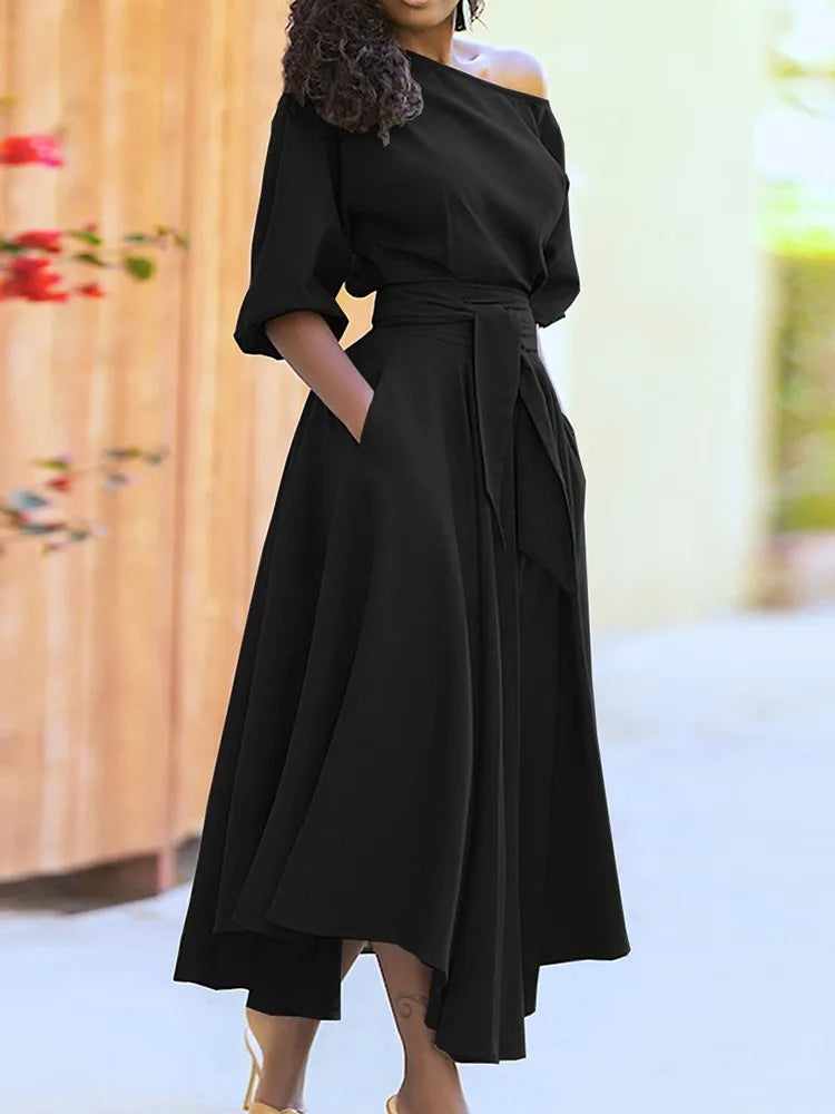 Robe ample trois quarts pour femmes, élégante, couleur unie, col diagonale, taille haute, à lacets, vêtements de bureau