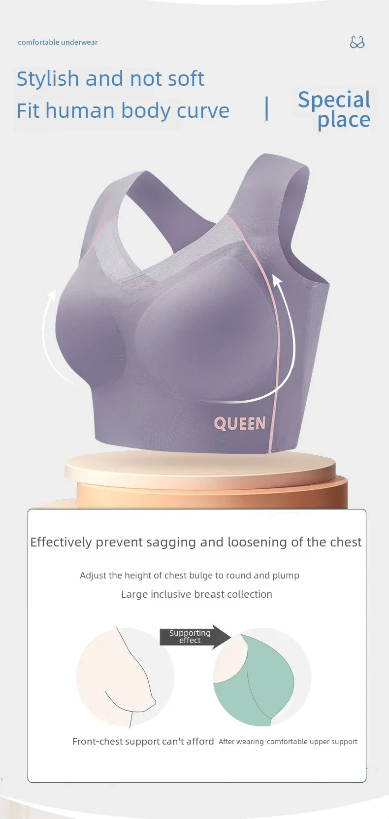 Soutien-gorge réglable pour femmes, grande poitrine, petit soutien-gorge, empêche l'affaissement, froncé, sans anneau en acier, Support supérieur étendu