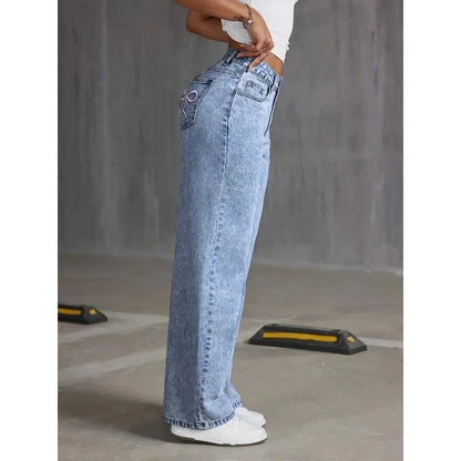 Jean à jambes larges en Denim, taille haute, avec nœud brodé, poches, jambes larges, pantalon à la mode pour femmes, Style décontracté