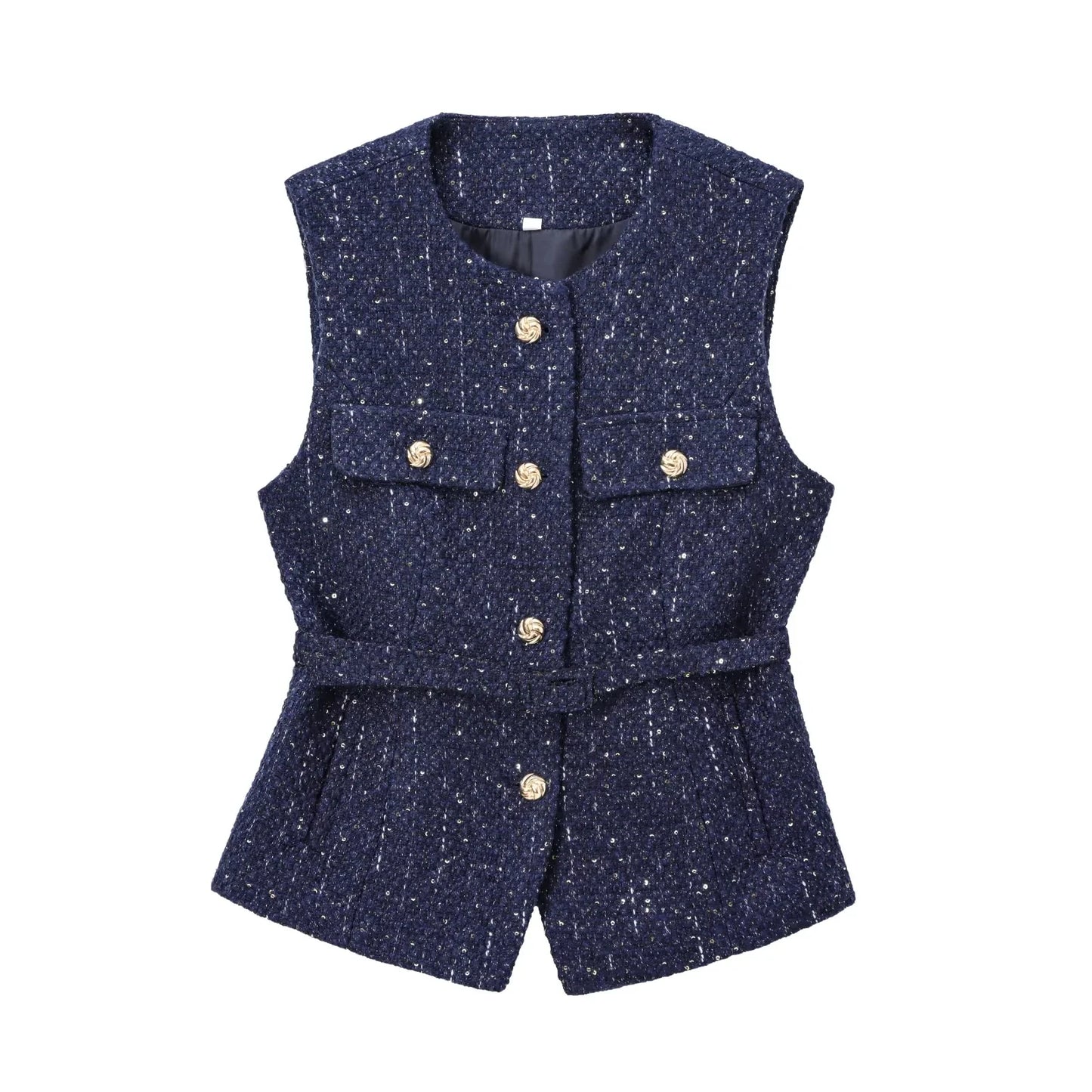 Gilet bleu à paillettes pour femmes, nouvelle mode avec ceinture, manteau sans manches, Streetwear Chic, automne 2025