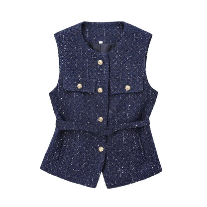 Gilet bleu à paillettes pour femmes, nouvelle mode avec ceinture, manteau sans manches, Streetwear Chic, automne 2025