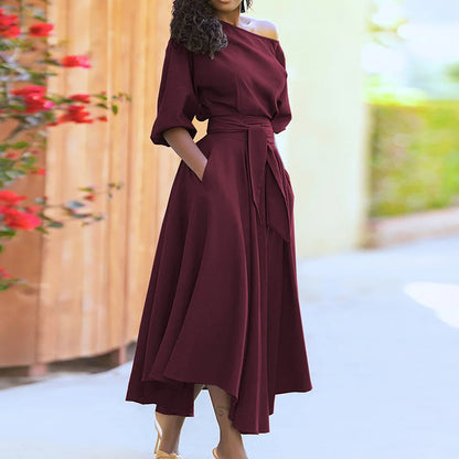 Robe ample trois quarts pour femmes, élégante, couleur unie, col diagonale, taille haute, à lacets, vêtements de bureau