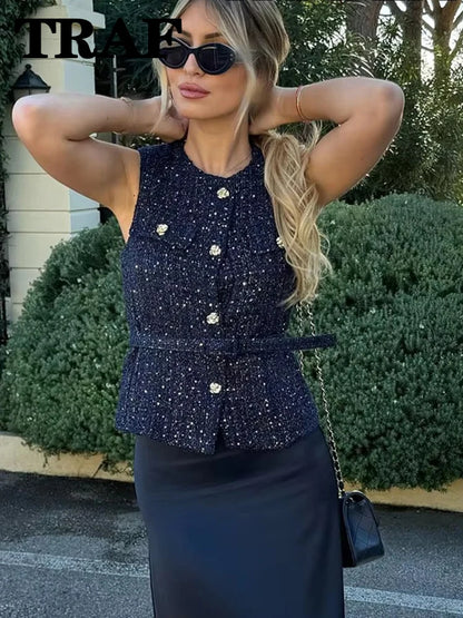 Gilet bleu à paillettes pour femmes, nouvelle mode avec ceinture, manteau sans manches, Streetwear Chic, automne 2025