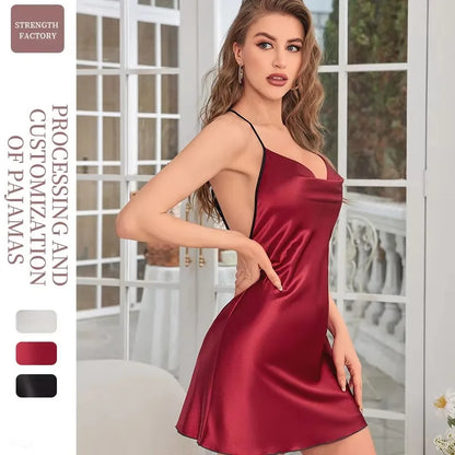 Chemise de nuit dos nu à col en V pour femmes, jupe à bretelles croisées pour la maison, décoration de papillon, robe de simulation, document solide, mode