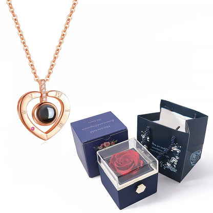Collier de projection « Je t’aime » en 100 Langues – Coffret Rose Rotatif de Luxe
