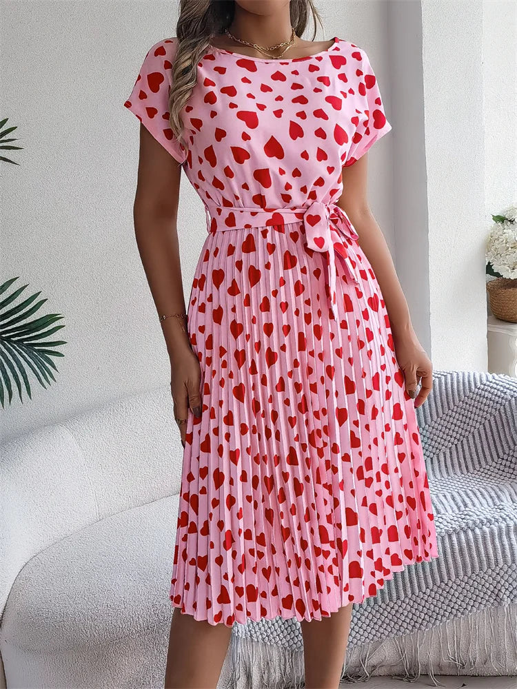 Robe élégante à lacets imprimé cœur pour femmes, col rond, plissée, mi-longue