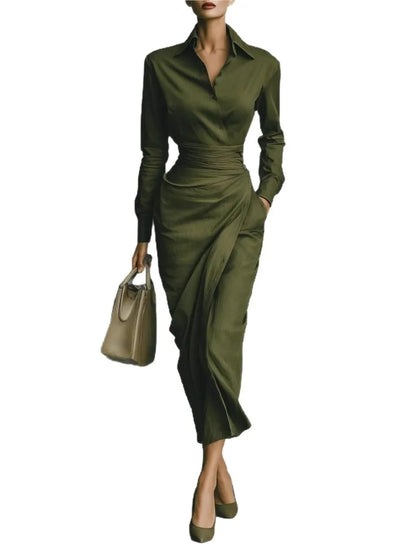 Robe mi-longue décontractée à col rabattu pour femme, tenue de soirée à manches longues, Patchwork, tenue de bureau, Slim Fit, nouvelle collection printemps automne 2025