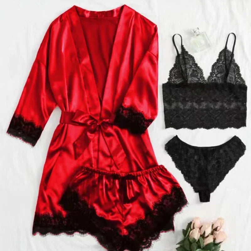 Pyjama Sexy pour femmes, chemises de nuit, Lingerie, short, 4 pièces, Camisole en dentelle, ensemble pyjama, Robe de maison, vêtements de loisirs