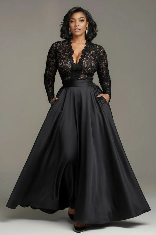 Robe de cocktail sexy à col en V, grande taille, pour femmes, poches, manches longues, élégante, dentelle satinée, patchwork, robe de soirée pour invités de mariage