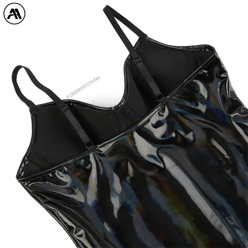 Nouveau body noir en cuir PU à fines bretelles avec bonnets à armatures, maillot de bain amincissant à porter, conception de figurine Sexy