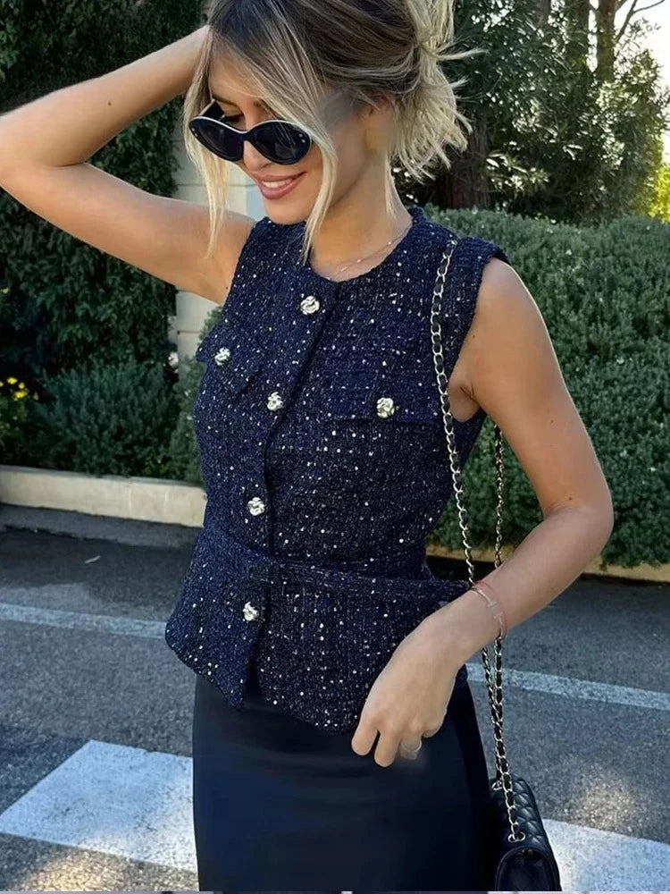Gilet bleu à paillettes pour femmes, nouvelle mode avec ceinture, manteau sans manches, Streetwear Chic, automne 2025