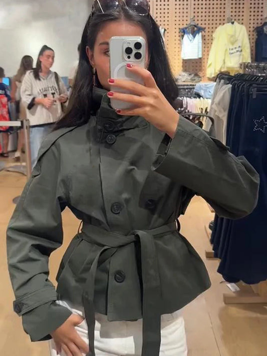 Trench-coat à col montant pour femme, veste à manches longues avec ceinture et Double boutonnage, à la mode, Chic, vêtements d'extérieur, automne 2025