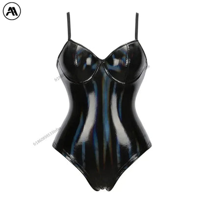 Nouveau body noir en cuir PU à fines bretelles avec bonnets à armatures, maillot de bain amincissant à porter, conception de figurine Sexy
